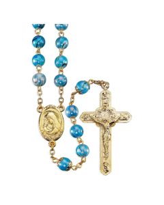 8mm Glass Swirl Design Aqua Bead Rosary in Gold Plating with Deluxe Velvet Box 