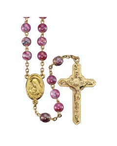 8mm Glass Swirl Design Fuchsia Bead Rosary in Gold Plating with Deluxe Velvet Box 