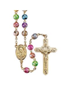 8mm Glass Swirl Design Multi-Color Bead Rosary in Gold Plating with Deluxe Velvet Box 