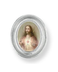3 1/2" x 4 1/2" Silver Oval Frame with a Sacred Heart of Jesus Print-P65