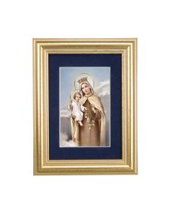 5 1/4" x 6 3/4" Gold Leaf Frame-Navy Blue Matte with a 2 1/2" x 3 3/4" Our Lady of Mount Carmel Print