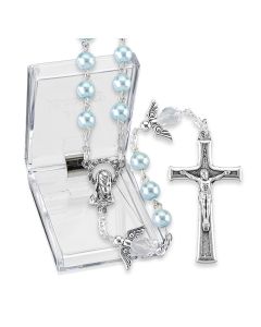 Light Blue Faux Pearl Bead Rosary, Boxed-P65