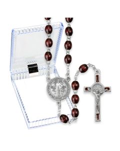 Benedictine Brown Wood Bead Rosary, Boxed