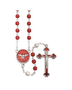 18" Ruby Rosary with Capped Pater Beads Red Epoxied Crucifix and Holy Spirit Centerpiece