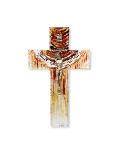 7" Sunset and Earth Tones on a White Glass Cross with a Museum Gold Finish Corpus-P65