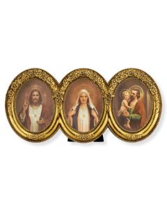 9" x 4 1/2" Jesus, Mary and Joseph Hearts in a Triple Oval Gold Leaf Frame with Flowered Decoration Under Glass.-P65