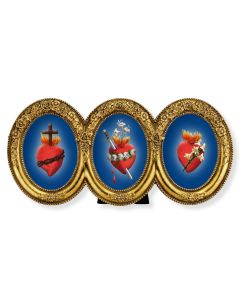9" x 4 1/2" The Three Hearts in a Triple Oval Gold Leaf Frame with Flowered Decoration Under Glass.-P65
