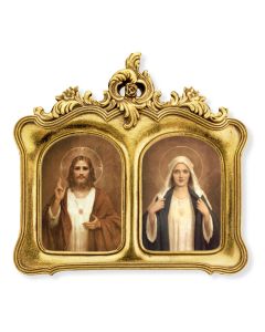 8-1/2"x9" The Sacred Hearts Double Arched Gold Leaf Frame with Baroque Ornate Leaf Design.  Under Glass. Easel Back-P65