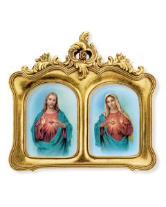 8-1/2"x9" Double Arched Gold Leaf Frame with Baroque Ornate Leaf Design with The Sacred Hearts Print. Under Glass. Easel Back-P65
