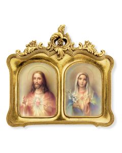 The Sacred Hearts Prints under glass in a 8-1/2"x9" Double Arched Gold Leaf Frame with Baroque Ornate Leaf Design with Easel Back-P65