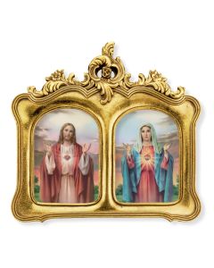 Double Arched Gold Leaf Frame with Baroque Ornate Leaf Design 8-1/2" x 9" with The Sacred Hearts Print Under Glass. Easel Back-P65