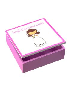 5 1/2" x 5 1/2" Girls First Communion Wooden Keepsake Box with Girl Applique and Glitter Outline