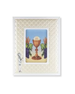 8" x 10" Standing Communion Boy Figure with White Synthetic Leather Picture Frame for 4" x 6" Photos-P65