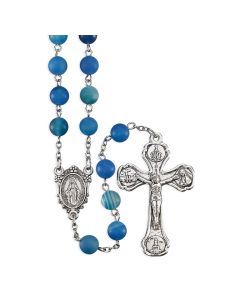 8mm Light Blue Agate Stone Bead Rosary in a Deluxe Velvet Box