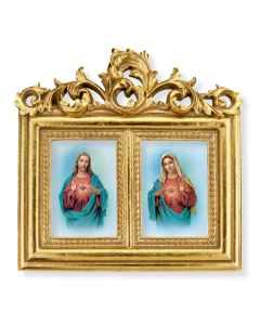8"x7.5" The Sacred Hearts Double Gold Leaf Frame with Acanthus Leaf Top. Under Glass. Easel Back-P65