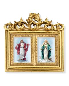 The Sacred Hearts Prints in a 8"x7.5" Double Gold Leaf Frame with Acanthus Leaf Top. Under Glass. Easel Back-P65