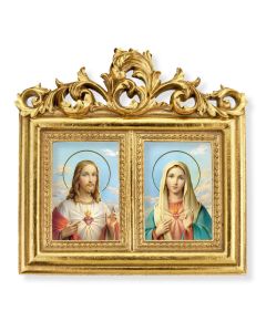 8"x7.5" Double Gold Leaf Frame with Acanthus Leaf Top. Under Glass. Easel Back with The Sacred Hearts -P65