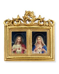 8"x7.5" Double Gold Leaf Frame with Acanthus Leaf Top. Under Glass. Easel Back with The Sacred Hearts Prints-P65