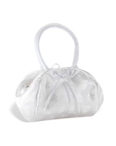 7" x 9" White Satin Chalice Brocade Purse with Bow, Snap Closure and Padded Handles