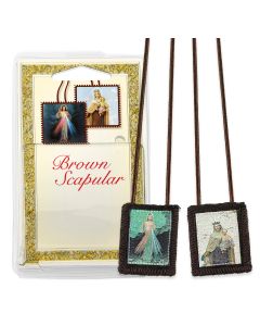 1 3/4" x 2" Divine Mercy and Our Lady of Mt. Carmel Wool Brown Scapular in Deluxe Packaging