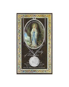 Our Lady of Lourdes Genuine Pewter Medal on a 18" Chain with Biography and Picture Folder