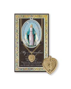 Miraculous  -Heart Shaped Gold Plated Medal on a 18" Chain with Biography and Picture Folder 
