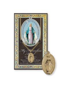 Miraculous  - Oval Gold Plated Medal on a 24" Chain with Biography and Picture Folder 