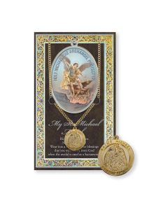 1" Round St. Michael Pewter Medal Gold Plated on a 24" Chain with Biography and Picture Folder 
