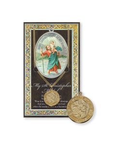 1" Round Pewter St. Christopher Medal Gold Plated on a 24" Chain with Biography and Picture Folder