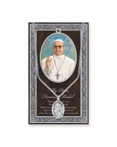 Genuine Pewter Pope Francis Medal on a 24" Stainless Steel Chain with a Silver Embossed Pamphlet.