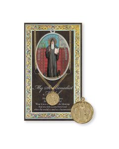 St. Benedict Gold Plated Medal on a 24" Chain with Biography and Picture Folder 