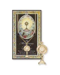Gold Plated Pewter Monstrance Medal on 24" Chain with Biography and Picture Folder
