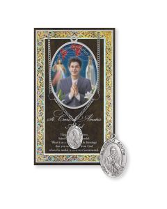 Saint Carlo Acutis Genuine Pewter Medal on a 24" Chain with Biography and Picture Folder 