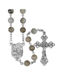 8mm Labradorite Stone Rosary with Holy Family Centerpiece and Crucifix in Grey Velvet Box