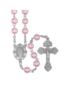 Pink Glass Pearl Rosary with O.L. of Grace Centerpiece and Crucifix 