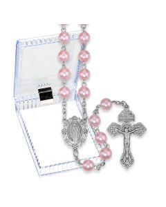 Pink Glass Pearl Rosary with O.L. of Grace Centerpiece and Crucifix in Clear Box