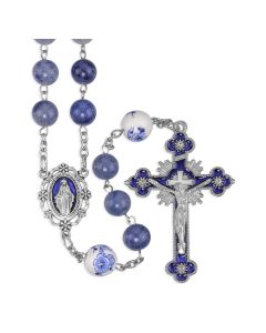 Blue Natural Stone Rosary with Blue Epoxied Pierced Miraculous Medal Centerpiece and Blue Epoxied Crucifix in Grey Velvet Box