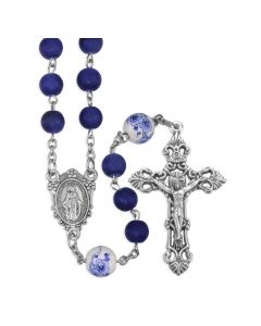 Frosted Blue Glass Beads Rosary with Ceramic Flowered Our Father Beads, O.L. of Grace Centerpiece and Crucifix