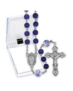 Frosted Blue Glass Beads Rosary with Ceramic Flowered Our Father Beads, O.L. of Grace Centerpiece and Crucifix in Clear Box 