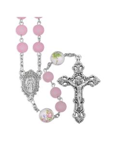 Frosted Pink Glass Beads Rosary with Ceramic Flowered Our Father Beads, O.L. of Grace Centerpiece and Crucifix