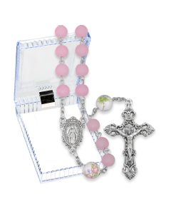 Frosted Pink Glass Beads Rosary with Ceramic Flowered Our Father Beads, O.L. of Grace Centerpiece and Crucifix in Clear Box