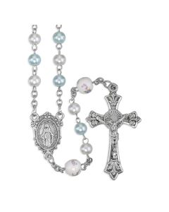6mm Glass Blue Pearl Rosary with Ceramic Flowered Our Father Beads, O.L. of Grace Centerpiece and Crucifix