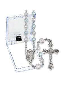 6mm Glass Blue Pearl Rosary with Ceramic Flowered Our Father Beads, O.L. of Grace Centerpiece and Crucifix in Clear Box 
