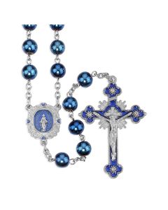 Natural Hematite Stone Rosary with Blue Epoxied Centerpiece and Blue Epoxied Crucifix