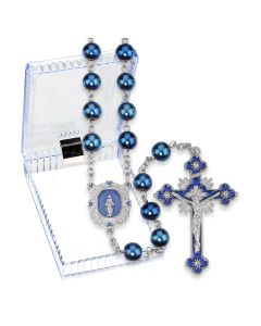 Natural Hematite Stone Rosary with Blue Epoxied Centerpiece and Blue Epoxied Crucifix in Clear Box