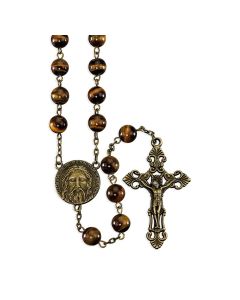 8mm Genuine Tiger Eye Stone Rosary in a Deluxe Velvet Box