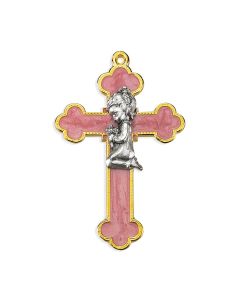 3 1/2" Pink Epoxied Cross with a Praying Girl Figure