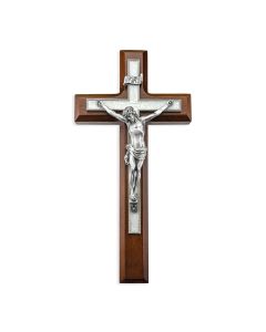 10" Walnut Wood and Pearlized Cross with a Fine Pewter Corpus
