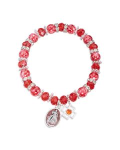 Red Glass Beads Rosary Bracelet with Red Epoxied Divine Mercy/O.L. of Guadalupe Medal and Metal Cross with Red Stone