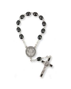 One Decade Oval Black Wood Bead Saint Benedict Auto Rosary